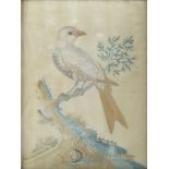 An embroidered silk picture of a bird on a branch, a snail at the base of the tree,  worked in