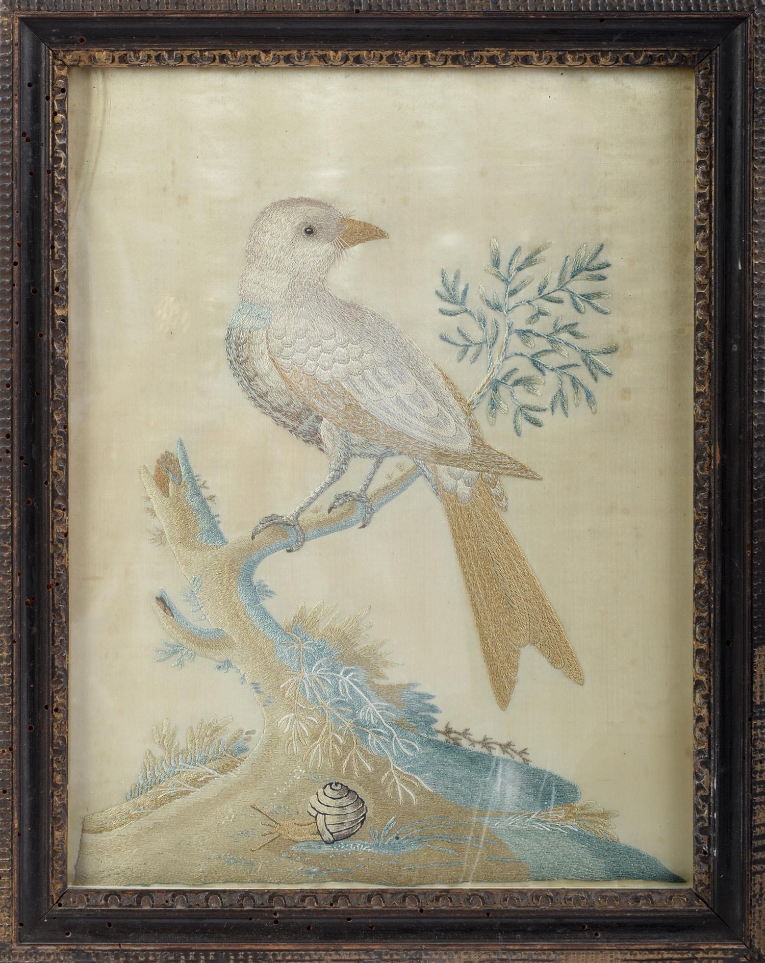 An embroidered silk picture of a bird on a branch, a snail at the base of the tree,  worked in - Image 2 of 3