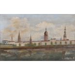 Eastern European School, early 20th c - A Riverside Town, signed A. Vilcins, oil on board, 45 x 72cm