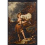 After Bartolome Esteban Murillo- The Infant St John with the Lamb, oil on board, 31 x 21cm Slight