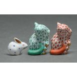 Three Herend miniature models of cats and a rabbit, 38mm h and smaller, printed mark Good condition