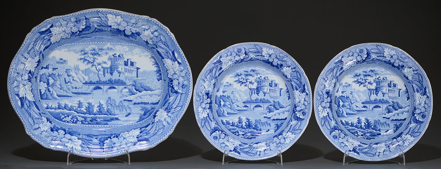 A Minton blue printed earthenware Italian Ruins pattern dish and two soup plates, c1825, dish 37. - Image 2 of 2