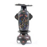 A Japanese cloisonne enamel vase, Meiji period, of rounded square section with saucer neck, on domed