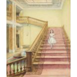 English School, late 19th c - Interior with a Young Girl on a Staircase, inscribed verso Duckham,