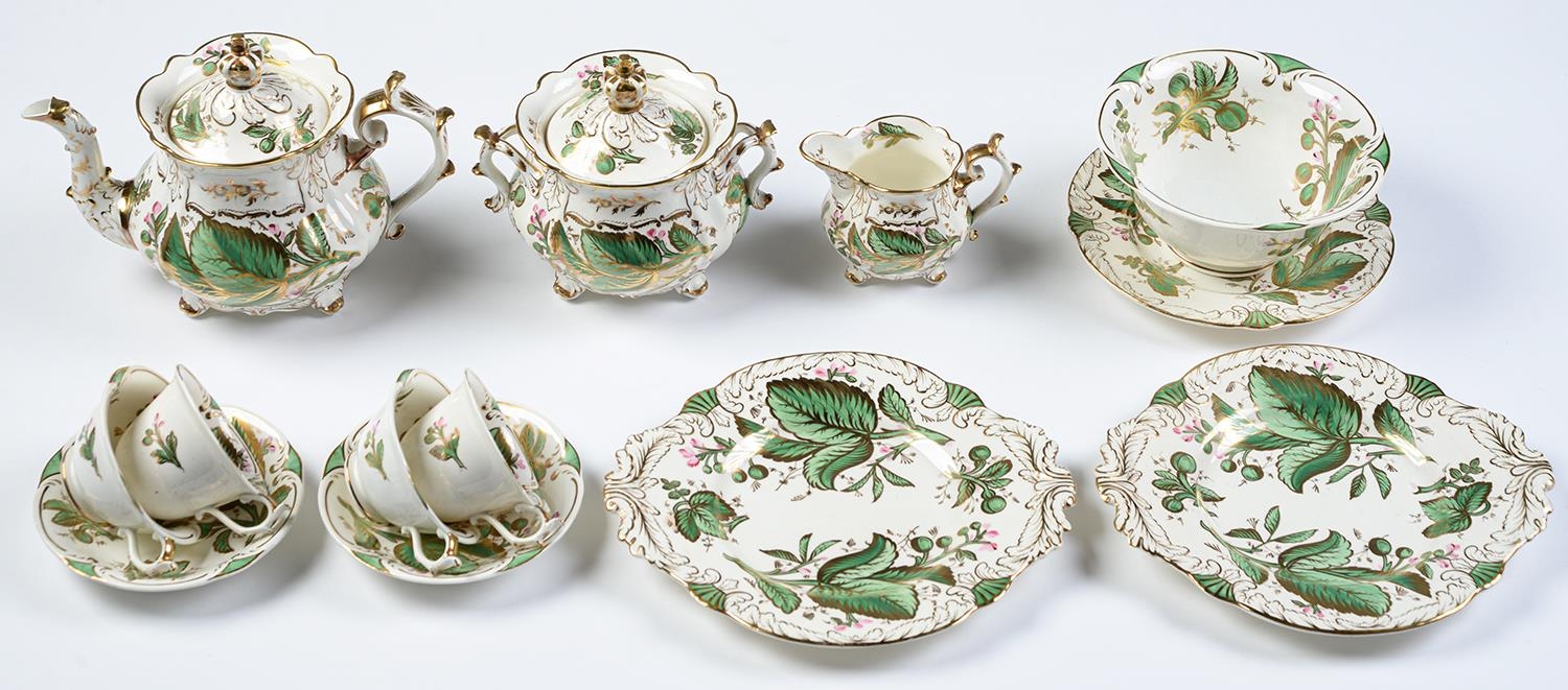 A Rockingham tea and coffee service of three spur handle shape, c1830-42, painted with diminutive