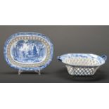 A Davenport blue printed earthenware Chinoiserie Ruins pattern pierced basket and stand, c1820,