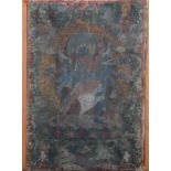 Thangka of Green Tara, 19th c, pigment on cotton cloth, 61 x 42cm, stapled to wood surround,