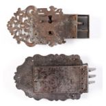 Two German steel furniture locks, late 17th c, with pierced or engraved decoration, 26 or 27cm l One