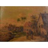 19th c School - A Dutch Village Scene with Three Men Conversing by a Cottage, oil on canvas, 36.5