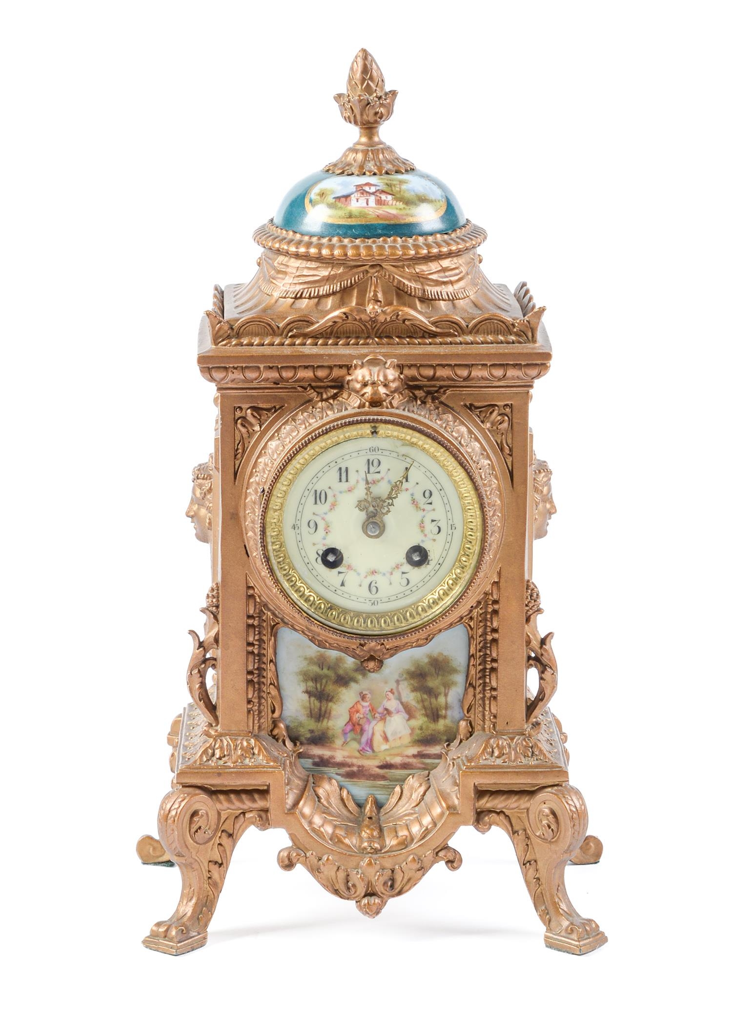 A French porcelain mounted spelter gilt mantel clock, the primrose enamel dial decorated with swags,