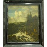 After Jacob van Ruisdael - Landscape with a Waterfall and a Castle on a Hill, oil on canvas, 75 x