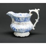 A British blue printed earthenware jug, dated 1828, inscribed in black enamel Thomas & Dorothy Irvin