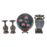 A Chinese bronze and champleve enamel vase, early 20th c, of square section, the sides decorated