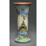 A Royal Worcester Crown Ware vase, 1925, painted with an island, castle, birds and trees
