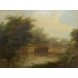 English School, 19th c - The Lock Gates, oil on canvas, 16 x 21.5cm Varnish slightly yellowed with