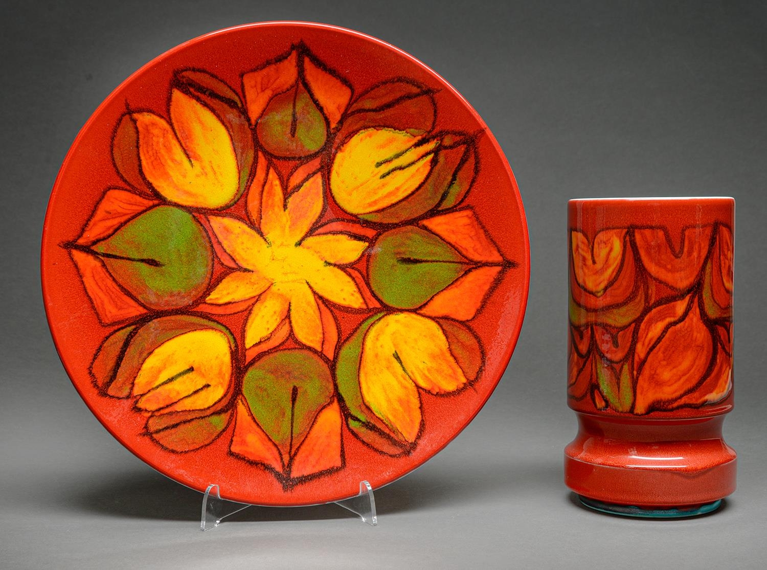 A Poole Delphis vase and dish, 1970's, dish 34.5cm diam, impressed or printed mark, painted