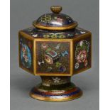 A Japanese cloisonne enamel vase and cover, Meiji period, the hexagonal vase decorated to the