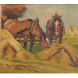 British School 20th c - Study of Two Horses, oil on board, 31 x 35cm Varnish a little dark and