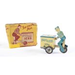 A lithographed tinplate clockwork toy - The "Permoid" ice-cream man, key, part boxed Toy in good