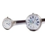 A silver mounted ebony gadget cane, the pommel incorporating a silver watch with enamel dial, horn