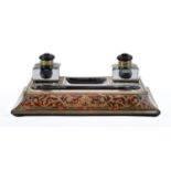 A French Boulle inkstand, mid 19th c, the cavetto sides inlaid with cut brass scroll work on a