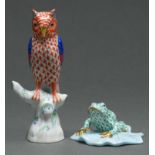 A Herend model of owl on a branch, rust fishnet design, 13cm h, and a tree frog on a lilly pad,