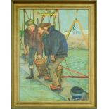 Dutch School, 20th c - Fishermen Unloading their Catch, indistinctly signed (in red), oil on canvas,