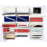 A collection of principally Parker fountain and other pens and pencils, including two silver