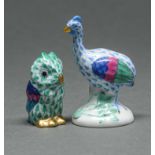 Two Herend models of a guinea fowl and a miniature owl, blue and green fishnet design,  7cm and