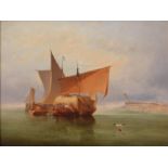 English School, early 19th c - Hay Barge and Other Vessels on a Calm Morning off the Coast, oil on