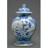 A Chinese blue and white jar and cover, Qing dynasty, 19th c, painted with two panels of a bird in