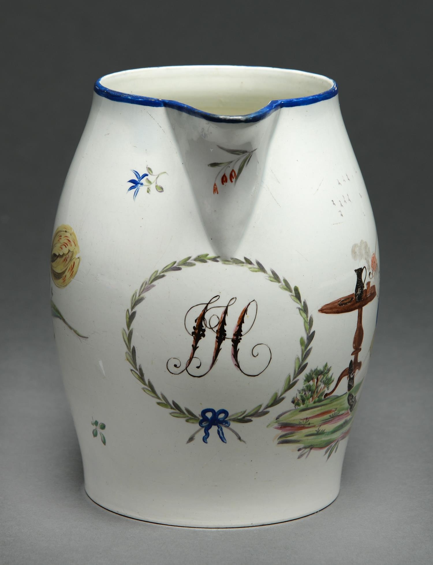 An English barrel shaped creamware jug, late 18th c, painted with an exterior scene of a pipe smoker - Image 2 of 2