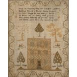 A George III linen sampler, Martha Stagg aged 8 ys 1811, worked with house, butterflies and trees