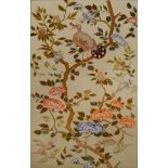 An Arts and Crafts silk and wool embroidered panel, c1900, of birds and tree peony, 122 x 80cm,