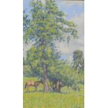 David Fowles (1949 - ) - Horses in the Shade of a Tree, signed, oil on board, 44 x 25cm Good