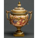 A Royal Worcester two handled pot pourri vase and cover, c1970, painted by Freeman, signed with a