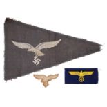 Germany Third Reich, Luftwaffe officer's vehicle pennant, losses and two items of cloth insignia (3)