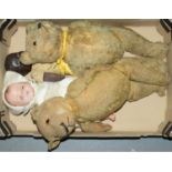 Two dolls and two gold plush teddy bears, 1930's Condition evident from image