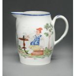 An English barrel shaped creamware jug, late 18th c, painted with an exterior scene of a pipe smoker