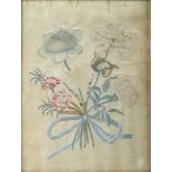 An embroidered silk picture of flowers tied with a blue ribbon, late 18th or early 19th c, worked in