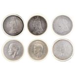 Silver coins. United Kingdom crown 1889, 1898, 1935, 1937, double florin 1889 and China trade dollar