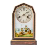 An American stained wood shelf clock, late 19th c, with painted dial and gong striking movement, the