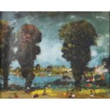 20th c School - Summer by the Lake, oil on hardboard, 21 x 26cm Good condition