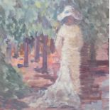 British(?) School, 20th c - A Woman in White, oil on board, 21 x 20.5cm Good condition