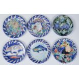 Six Wetheriggs Pottery plates, 1997, variously painted with an owl, fish, cat and other subjects