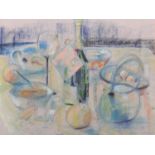 20th c School - Still Life with Wine Bottle; Still Life with Pear and Green Mug, two, pastel, 35 x