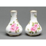 A pair of Shelley bone china Bourbon Rose pattern vases, c1930s, of baluster shape, 16.5cm h, puce