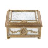 A Palais Royal brass and mother of pearl jewel casket, late 19th c, the lid with inset mirror,