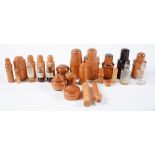 Twenty English turned boxwood bottle, measure, syringe and ointment pots and boxes, 19th - early