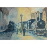 British School, 20th c - The Railway Station, signed K Rudd, oil on board, 29.5 x 43.5cm Good